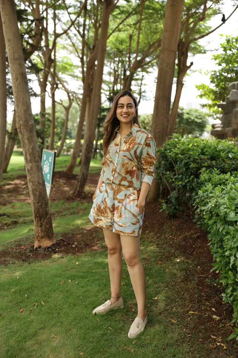 Trevi Shirt & Short Set crepe co-ord set by YAM in teal blue for women Worldwide