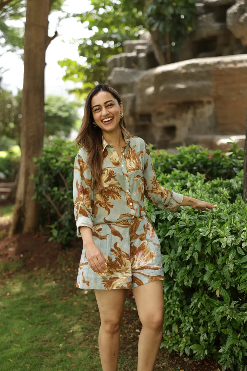 Trevi Shirt & Short Set crepe co-ord set by YAM in teal blue for women Worldwide