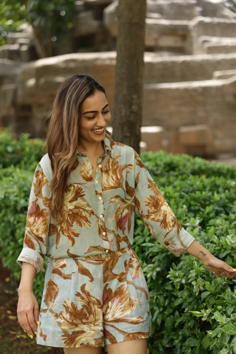 Trevi Shirt & Short Set crepe co-ord set by YAM in teal blue for women Worldwide