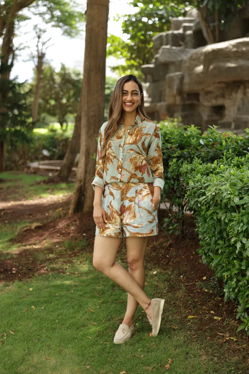 Trevi Shirt & Short Set crepe co-ord set by YAM in teal blue for women Worldwide