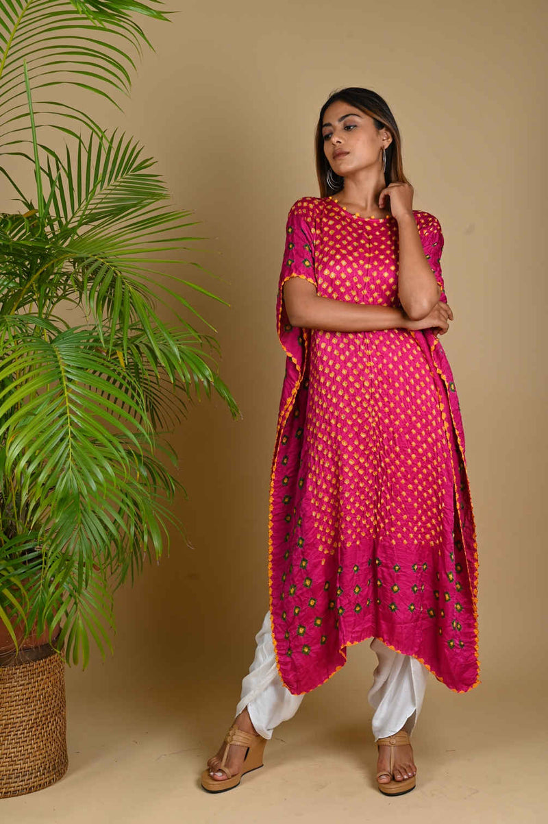 TRIPLE DOT KAFTAN-FUSCHIA PINK silk by Dyelogue for women Worldwide