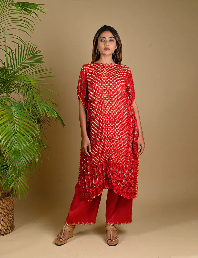 TRIPLE DOT KAFTAN-RED silk by Dyelogue in red color for women Worldwide