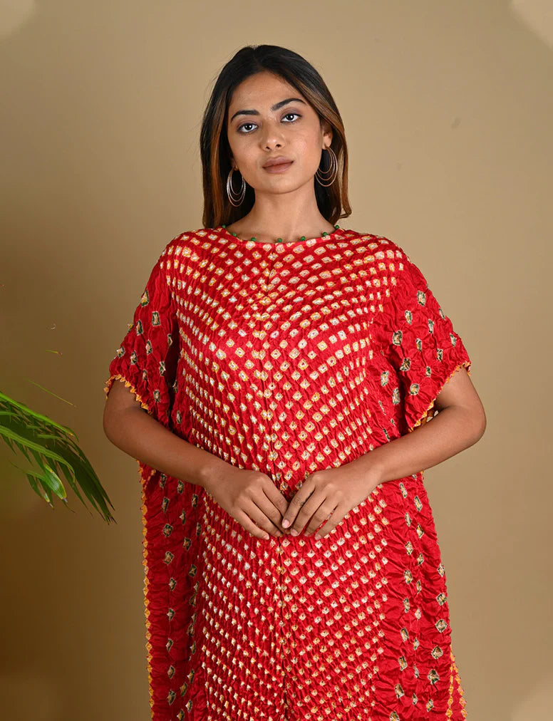 TRIPLE DOT KAFTAN-RED silk by Dyelogue in red color for women Worldwide