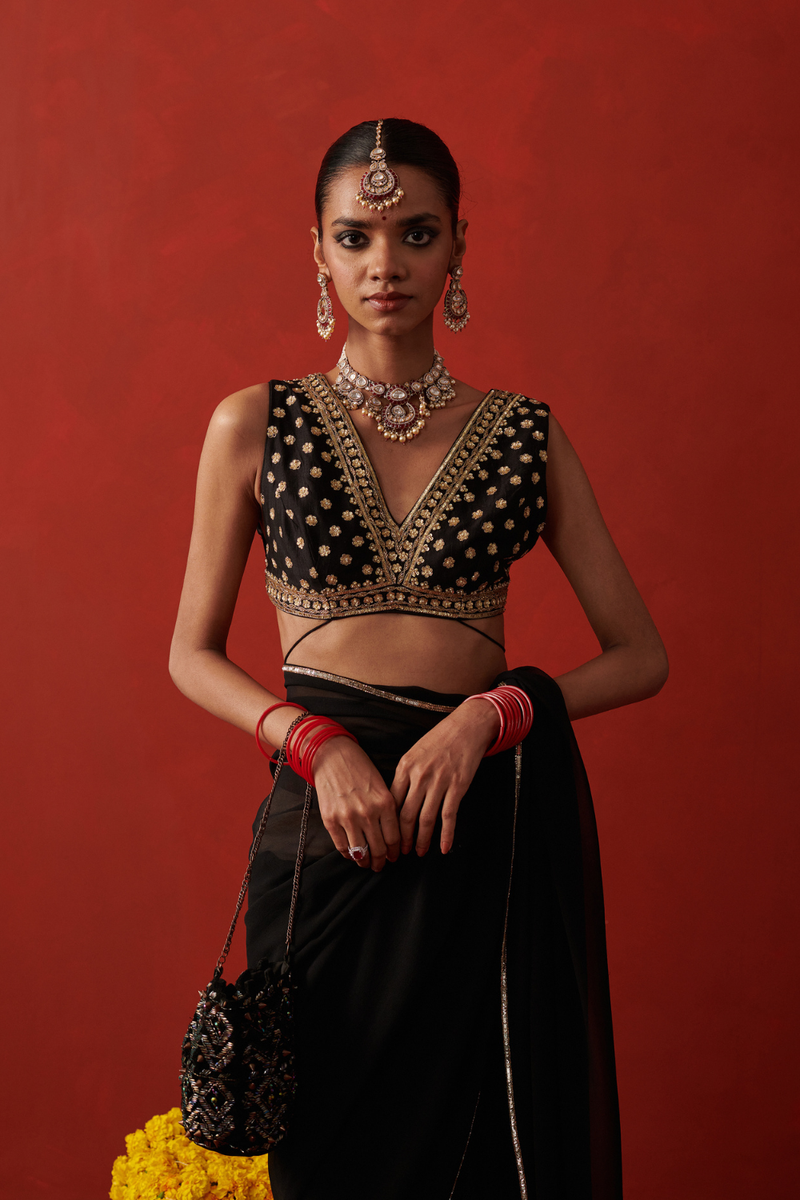ULFAT BLOUSE silk by Rashika Mittal in black color for women Worldwide