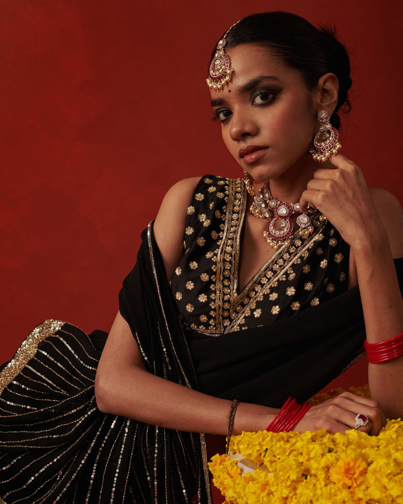 ULFAT BLOUSE silk by Rashika Mittal in black color for women Worldwide