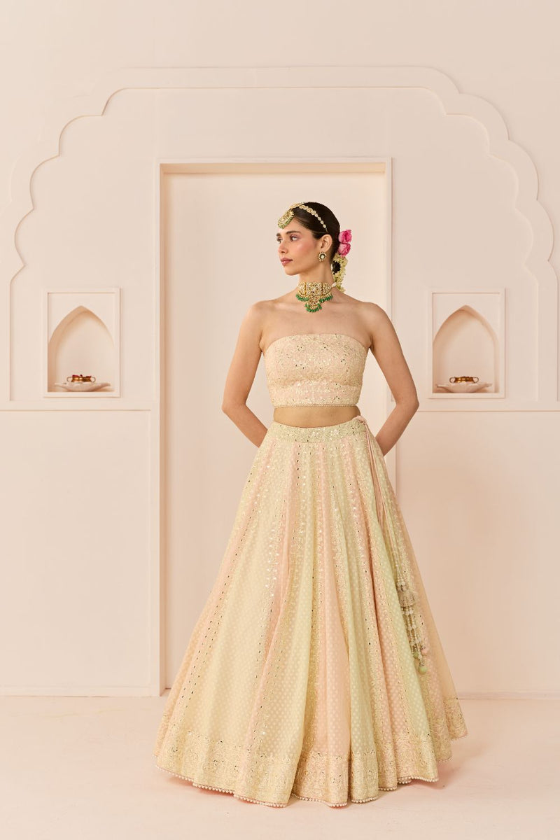 UMAIZA - CARNATION PINK LEHENGA WITH BLOUSE AND DUPATTA chanderi silk lehenga sets by SHEETAL BATRA in carnation pink and mint green for women Worldwide