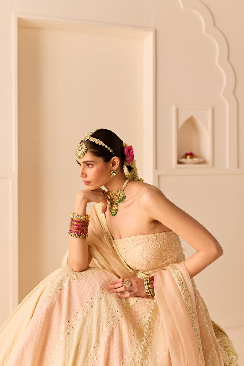 UMAIZA - CARNATION PINK LEHENGA WITH BLOUSE AND DUPATTA chanderi silk lehenga sets by SHEETAL BATRA in carnation pink and mint green for women Worldwide