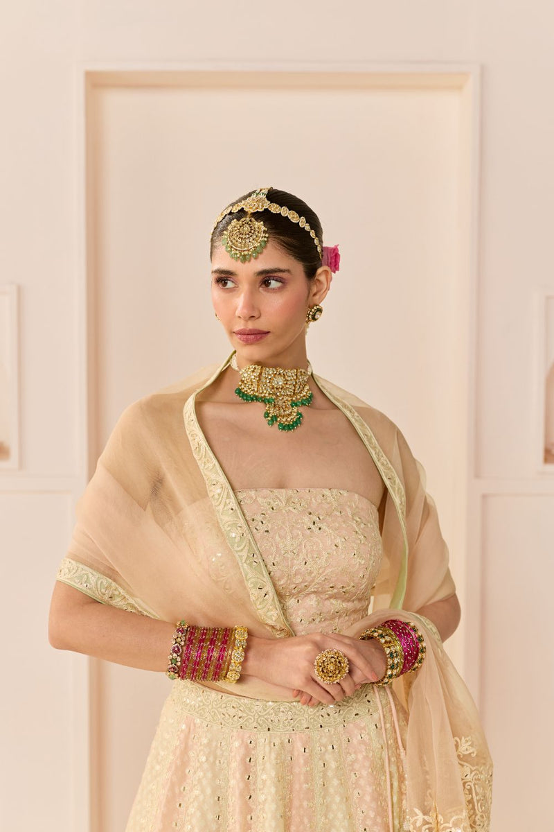 UMAIZA - CARNATION PINK LEHENGA WITH BLOUSE AND DUPATTA chanderi silk lehenga sets by SHEETAL BATRA in carnation pink and mint green for women Worldwide
