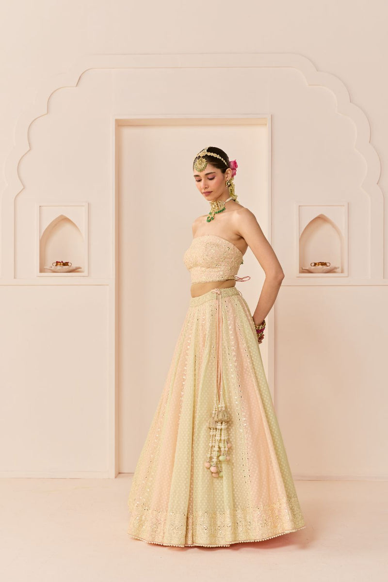 UMAIZA - CARNATION PINK LEHENGA WITH BLOUSE AND DUPATTA chanderi silk lehenga sets by SHEETAL BATRA in carnation pink and mint green for women Worldwide