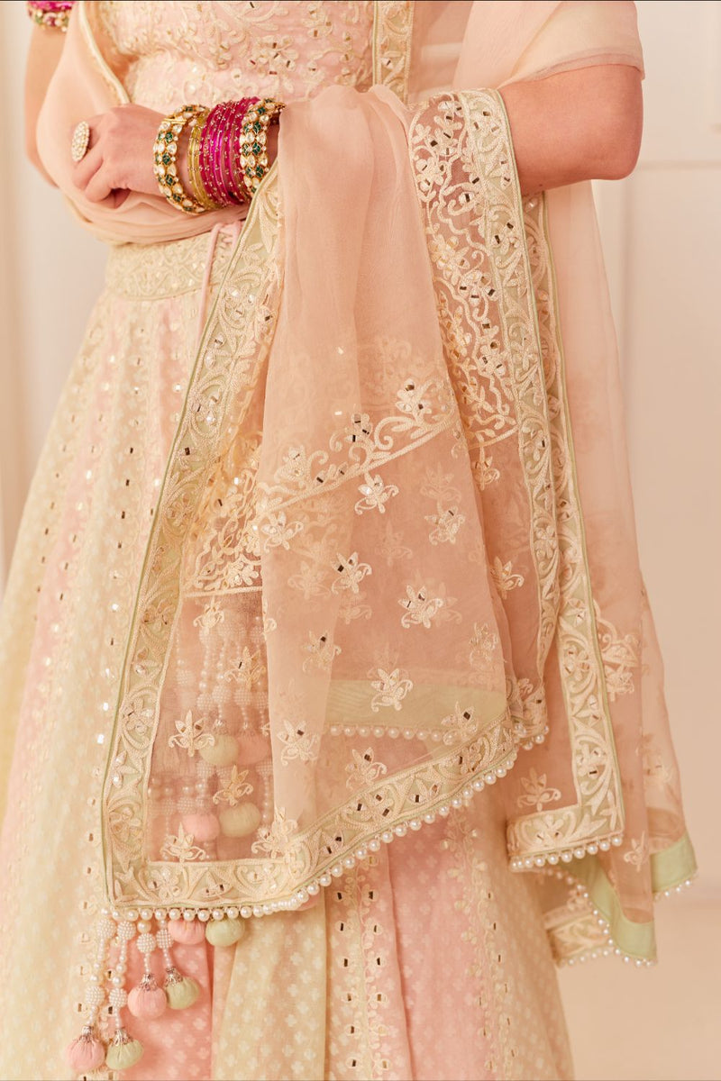 UMAIZA - CARNATION PINK LEHENGA WITH BLOUSE AND DUPATTA chanderi silk lehenga sets by SHEETAL BATRA in carnation pink and mint green for women Worldwide