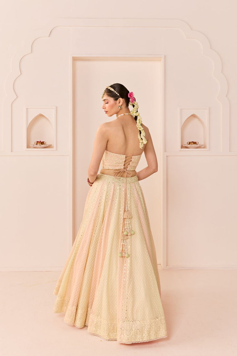 UMAIZA - CARNATION PINK LEHENGA WITH BLOUSE AND DUPATTA chanderi silk lehenga sets by SHEETAL BATRA in carnation pink and mint green for women Worldwide