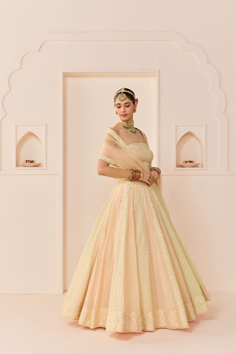 UMAIZA - CARNATION PINK LEHENGA WITH BLOUSE AND DUPATTA chanderi silk lehenga sets by SHEETAL BATRA in carnation pink and mint green for women Worldwide