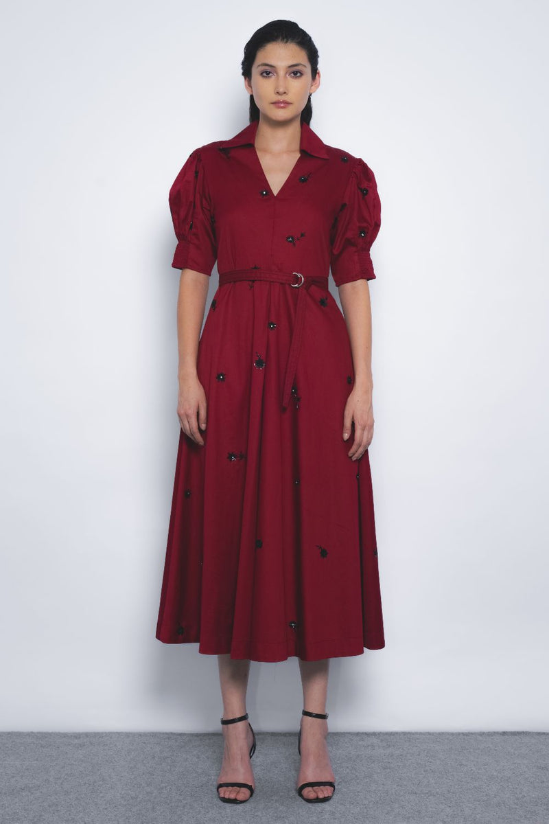 Ume Embroidered Dress - Ruby and Black cotton by Leh Studios in multi color for women Worldwide