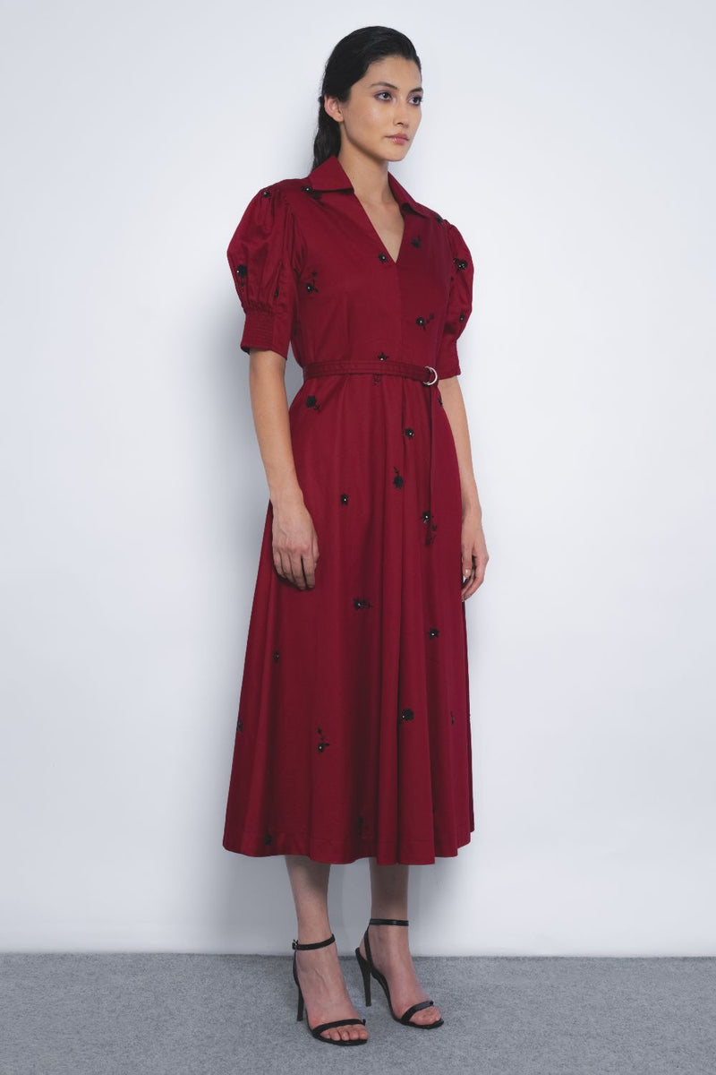 Ume Embroidered Dress - Ruby and Black cotton by Leh Studios in multi color for women Worldwide