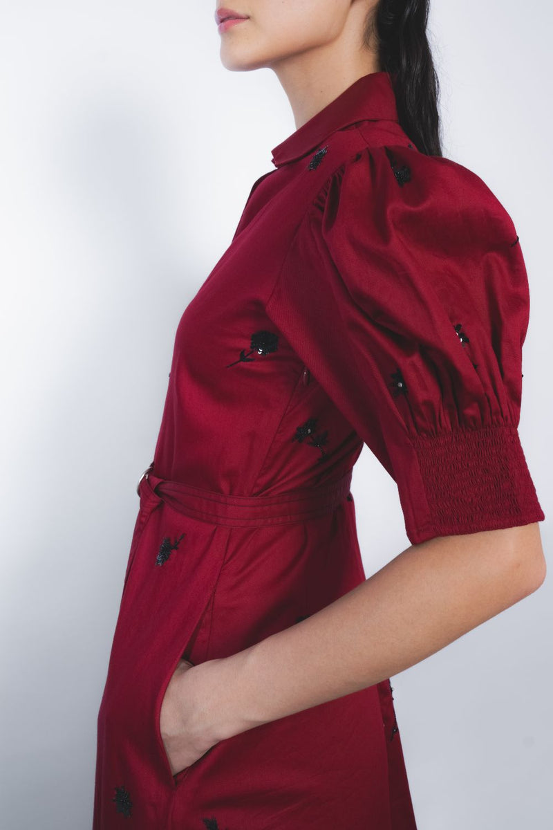 Ume Embroidered Dress - Ruby and Black cotton by Leh Studios in multi color for women Worldwide