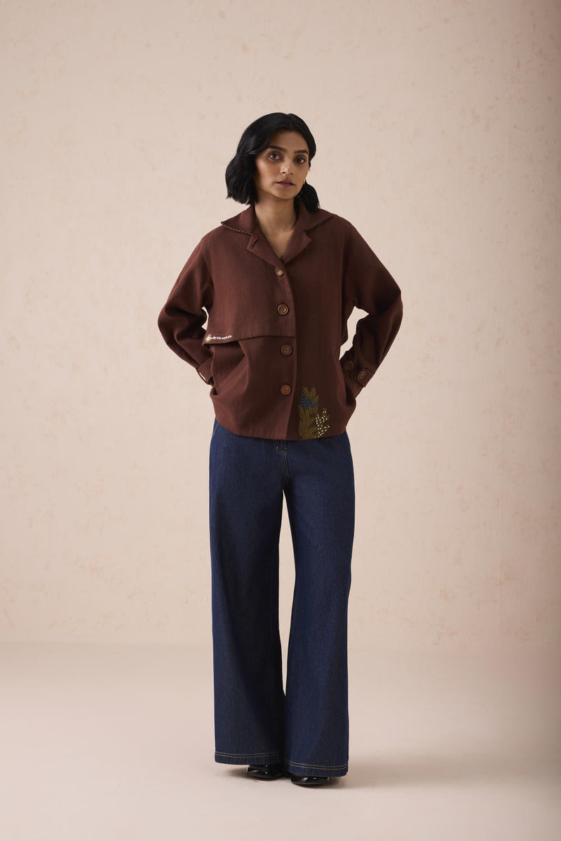 Under The Sun Handspun Handwoven Organic Cotton Trench Jacket cotton by SUI in brown color for women Worldwide