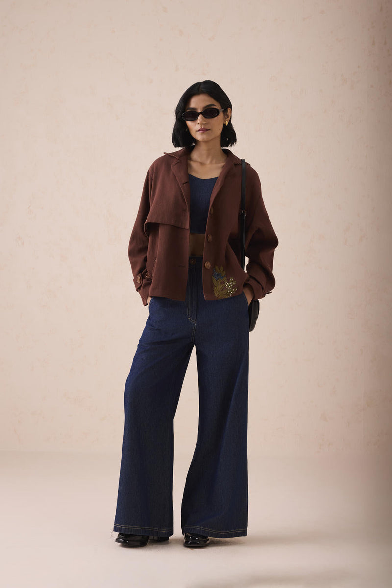Under The Sun Handspun Handwoven Organic Cotton Trench Jacket cotton by SUI in brown color for women Worldwide