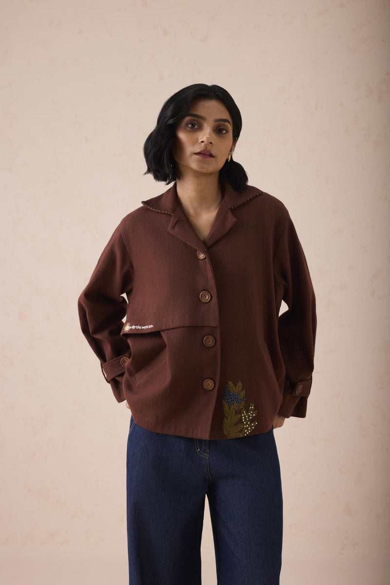 Under The Sun Handspun Handwoven Organic Cotton Trench Jacket cotton by SUI in brown color for women Worldwide