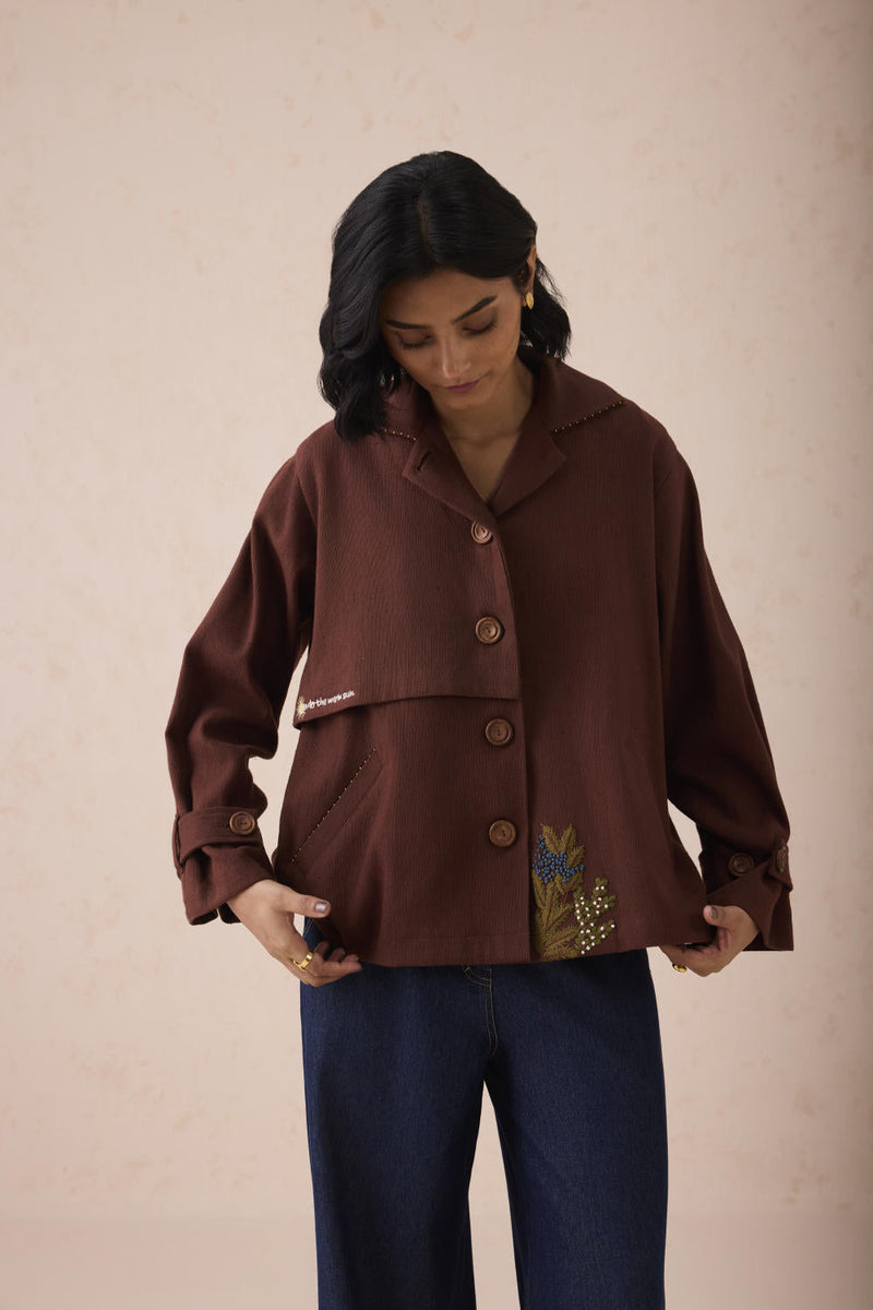 Under The Sun Handspun Handwoven Organic Cotton Trench Jacket cotton by SUI in brown color for women Worldwide