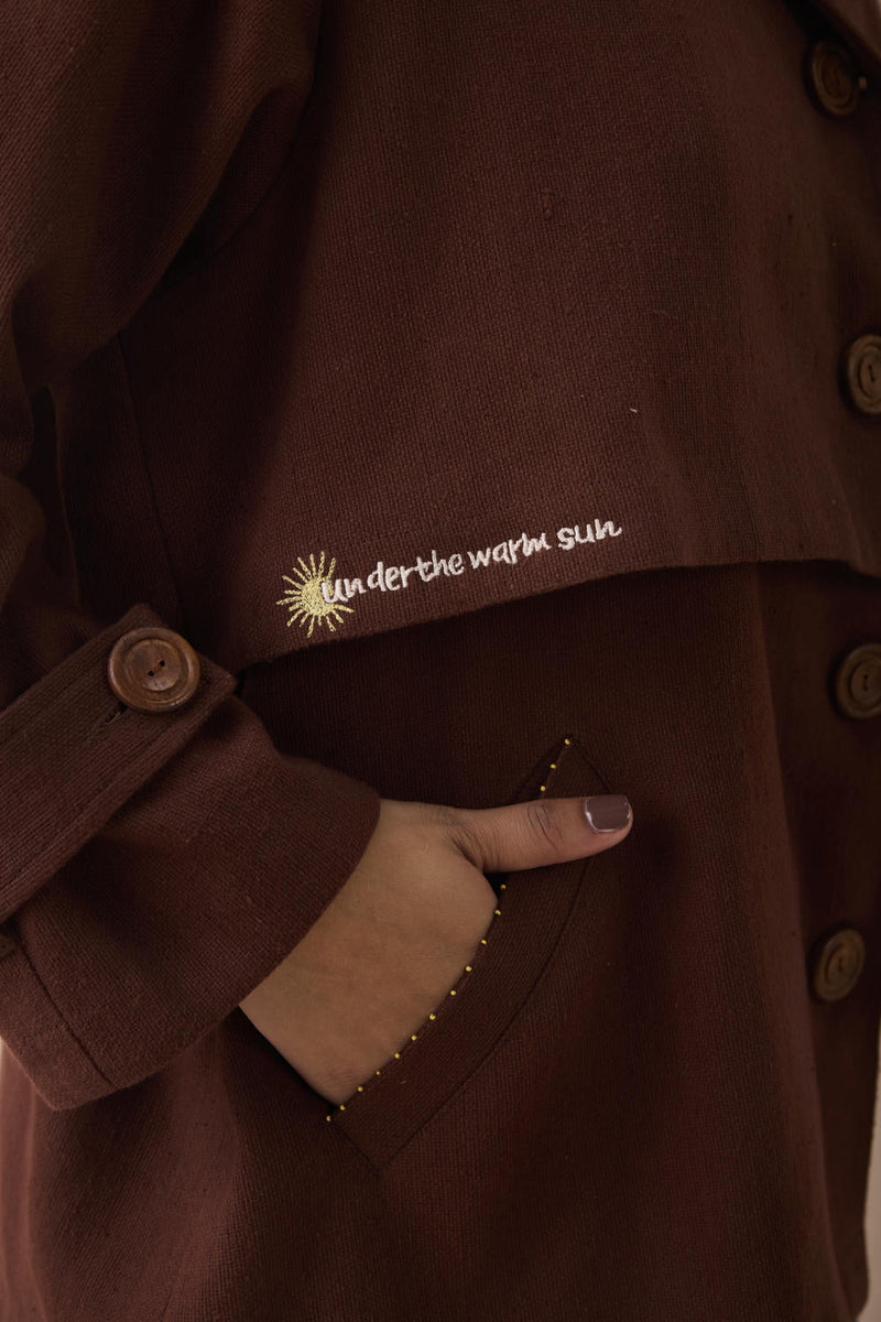Under The Sun Handspun Handwoven Organic Cotton Trench Jacket cotton by SUI in brown color for women Worldwide