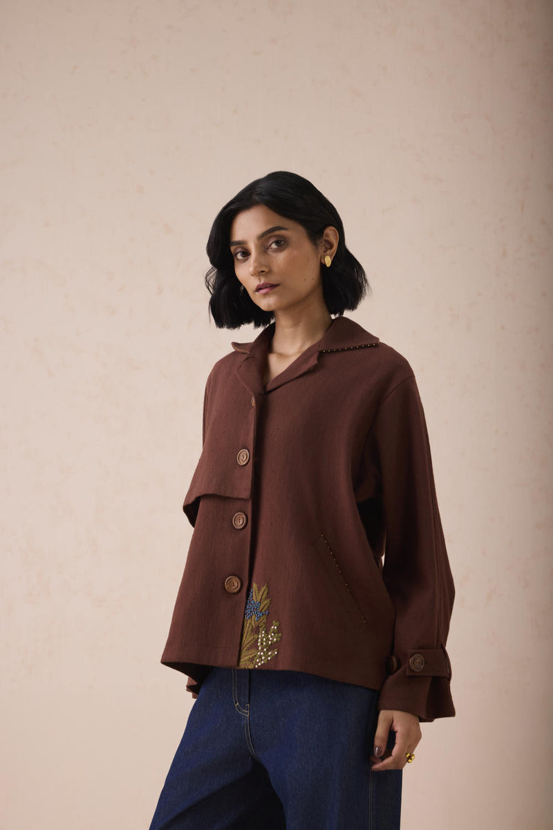 Under The Sun Handspun Handwoven Organic Cotton Trench Jacket cotton by SUI in brown color for women Worldwide