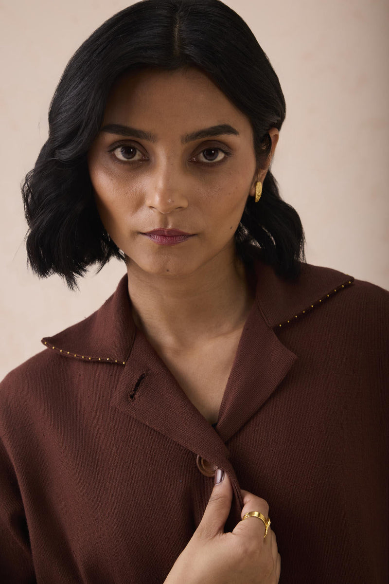 Under The Sun Handspun Handwoven Organic Cotton Trench Jacket cotton by SUI in brown color for women Worldwide