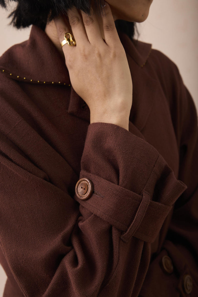 Under The Sun Handspun Handwoven Organic Cotton Trench Jacket cotton by SUI in brown color for women Worldwide