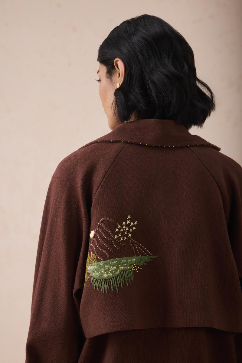 Under The Sun Handspun Handwoven Organic Cotton Trench Jacket cotton by SUI in brown color for women Worldwide