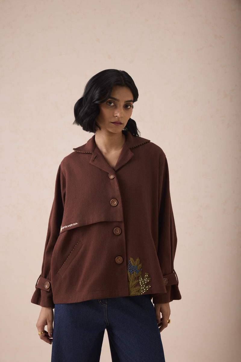 Under The Sun Handspun Handwoven Organic Cotton Trench Jacket cotton by SUI in brown color for women Worldwide