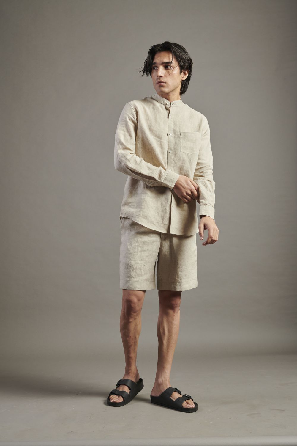 Undyed Linen Band Collar Shirt