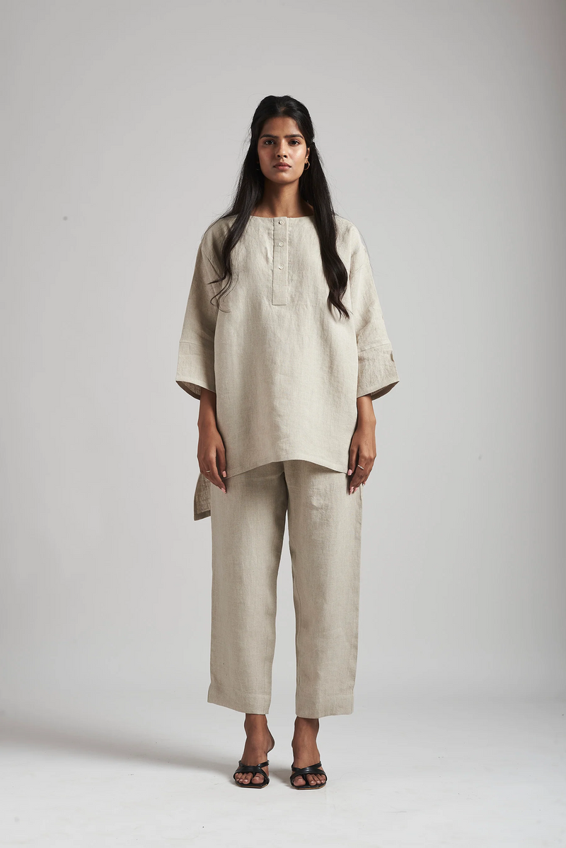 Undyed Linen Short Kurta Set linen by Saphed in beige color for women Worldwide