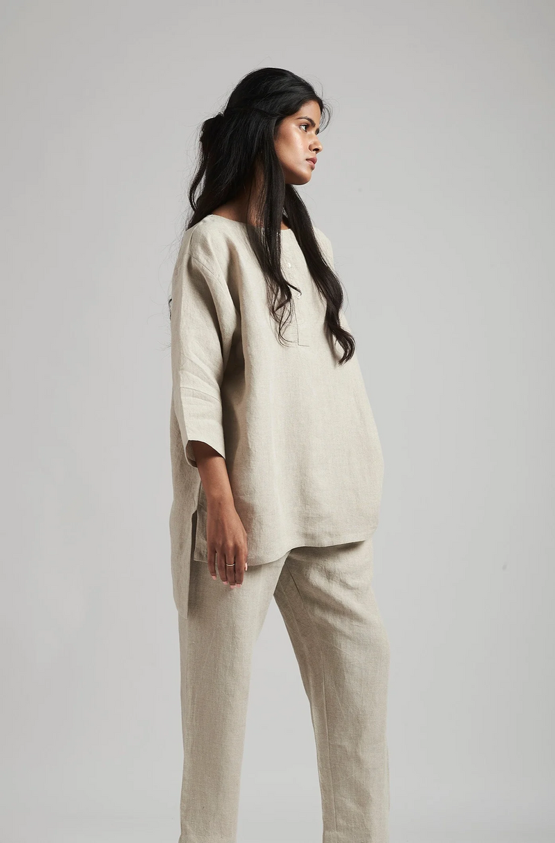 Undyed Linen Short Kurta Set linen by Saphed in beige color for women Worldwide