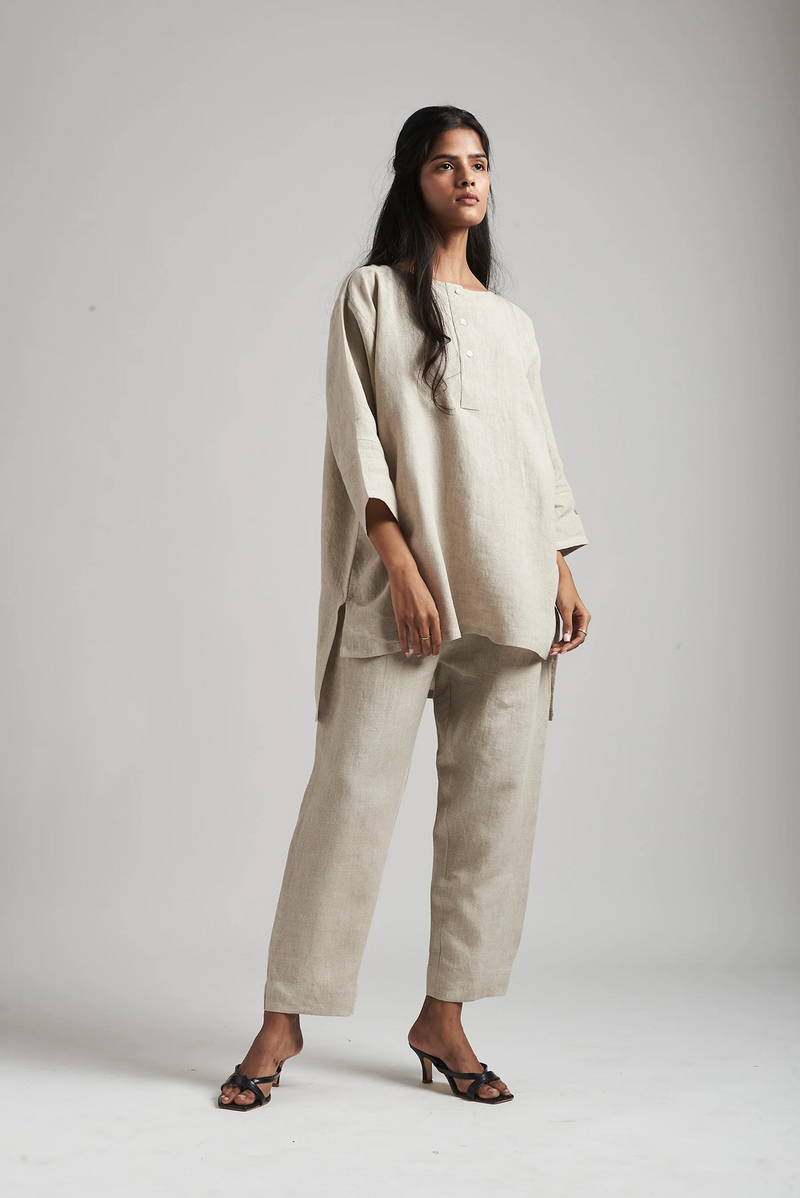 Undyed Linen Short Kurta Set linen by Saphed in beige color for women Worldwide