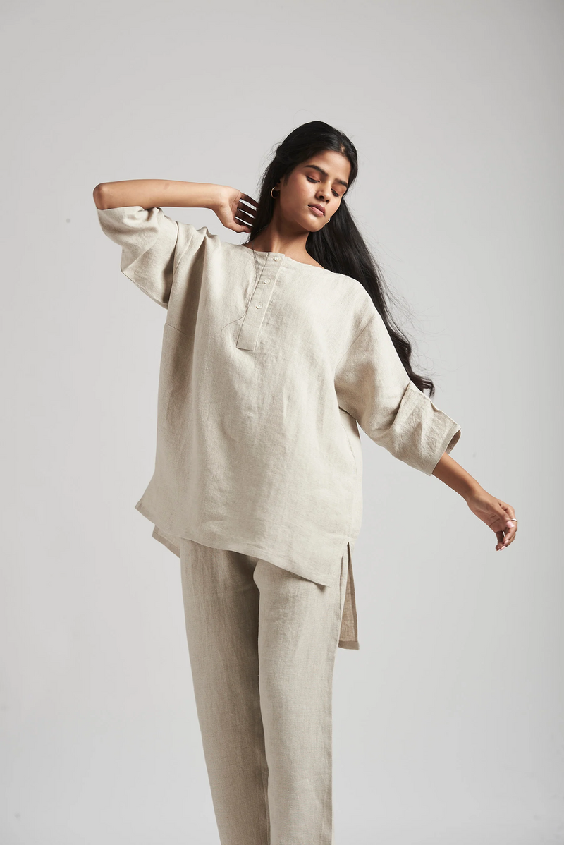 Undyed Linen Short Kurta Set linen by Saphed in beige color for women Worldwide