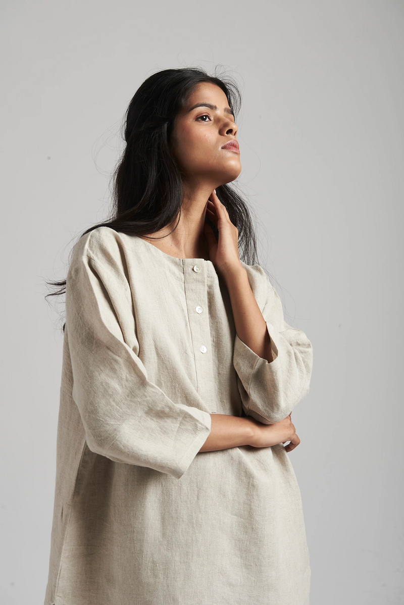 Undyed Linen Short Kurta Set linen by Saphed in beige color for women Worldwide