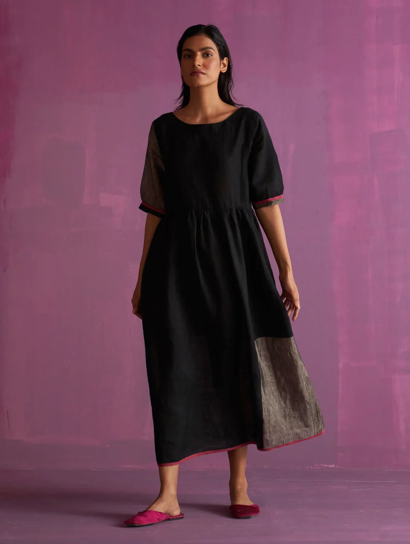 Kiri Linen Dress with Jacket - Black linen by Manan in black color for women Worldwide