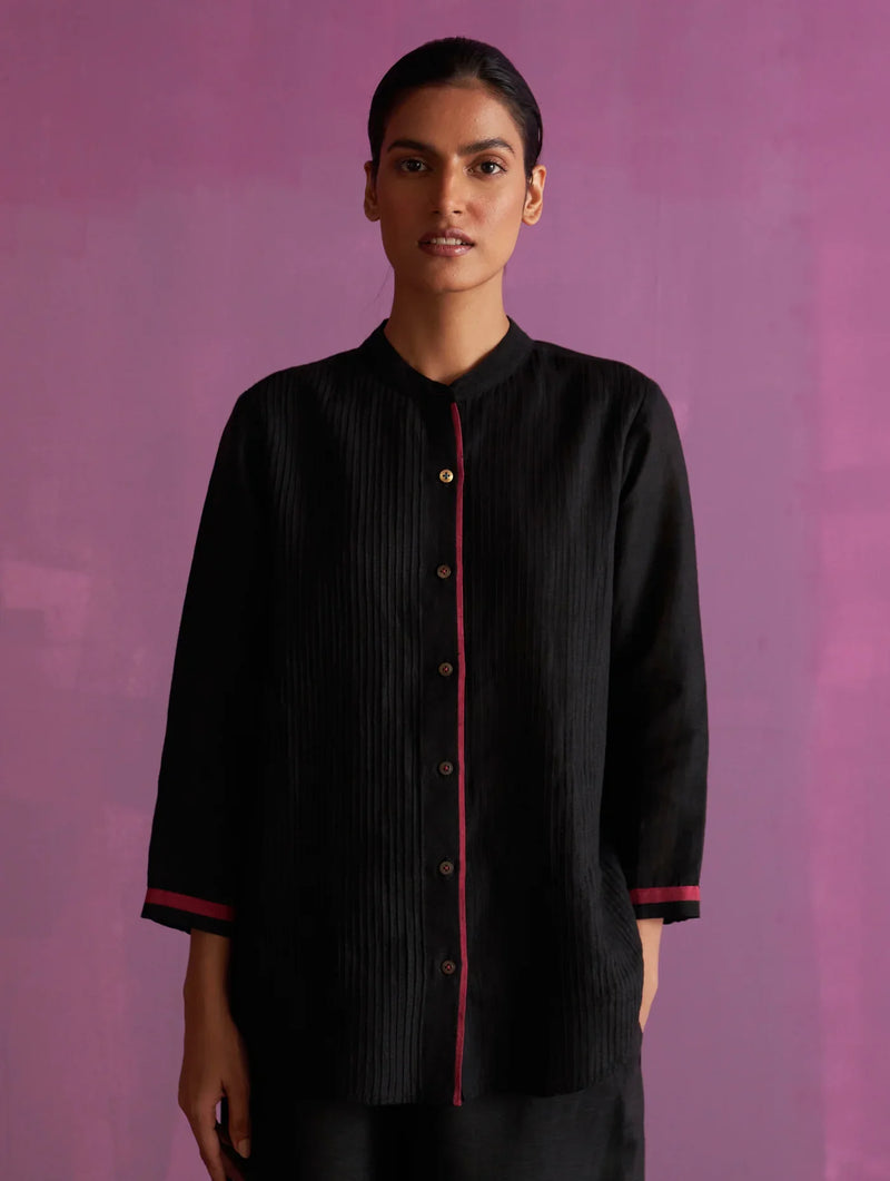 Mio Pintuck Shirt Linen - Black linen by Manan in black color for women Worldwide