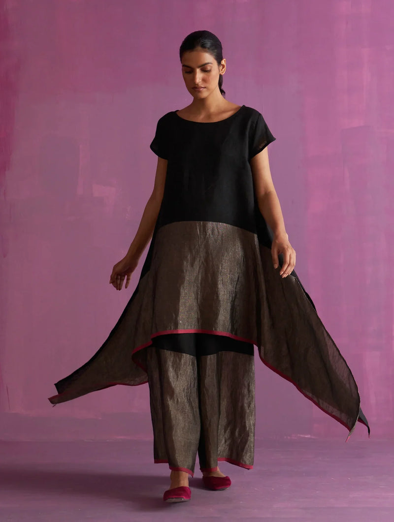 Kasa Co-ord Set with Jacket - Black linen by Manan in black color for women Worldwide