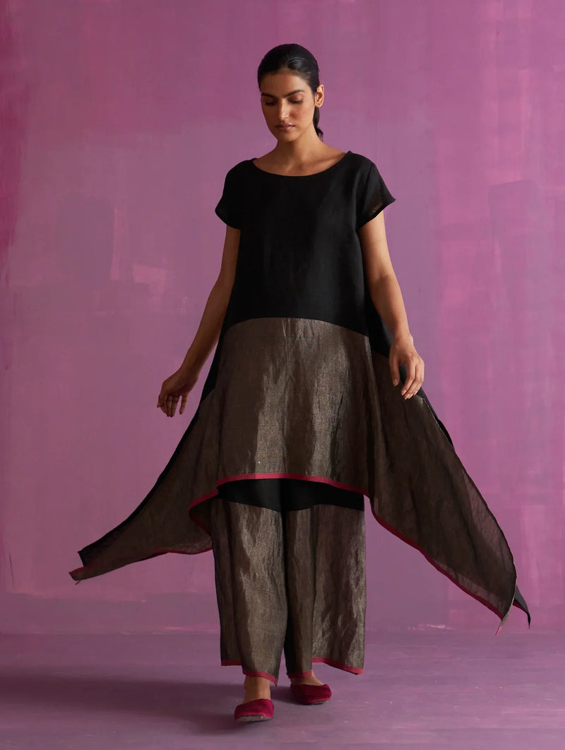 Shirin Asymmetrical Linen Top - Black linen by Manan in black color for women Worldwide