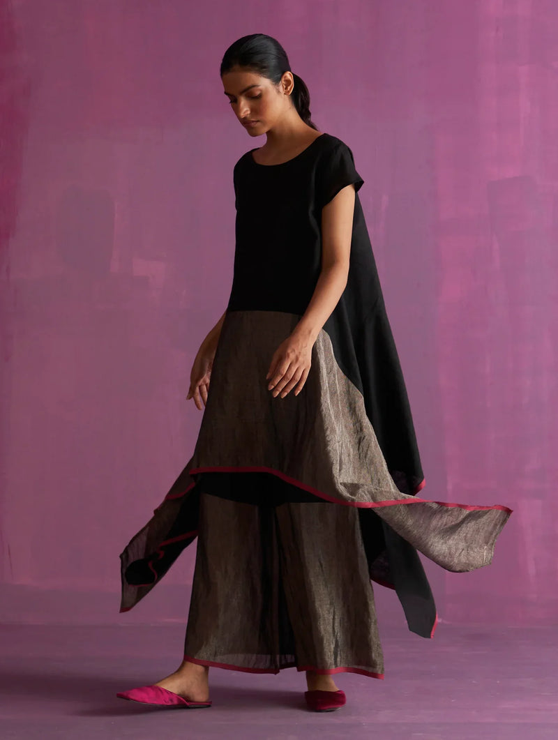 Shirin Asymmetrical Linen Co-ord Set - Black linen by Manan in black color for women Worldwide