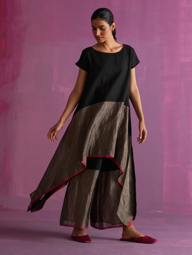 Kasa Co-ord Set with Jacket - Black linen by Manan in black color for women Worldwide