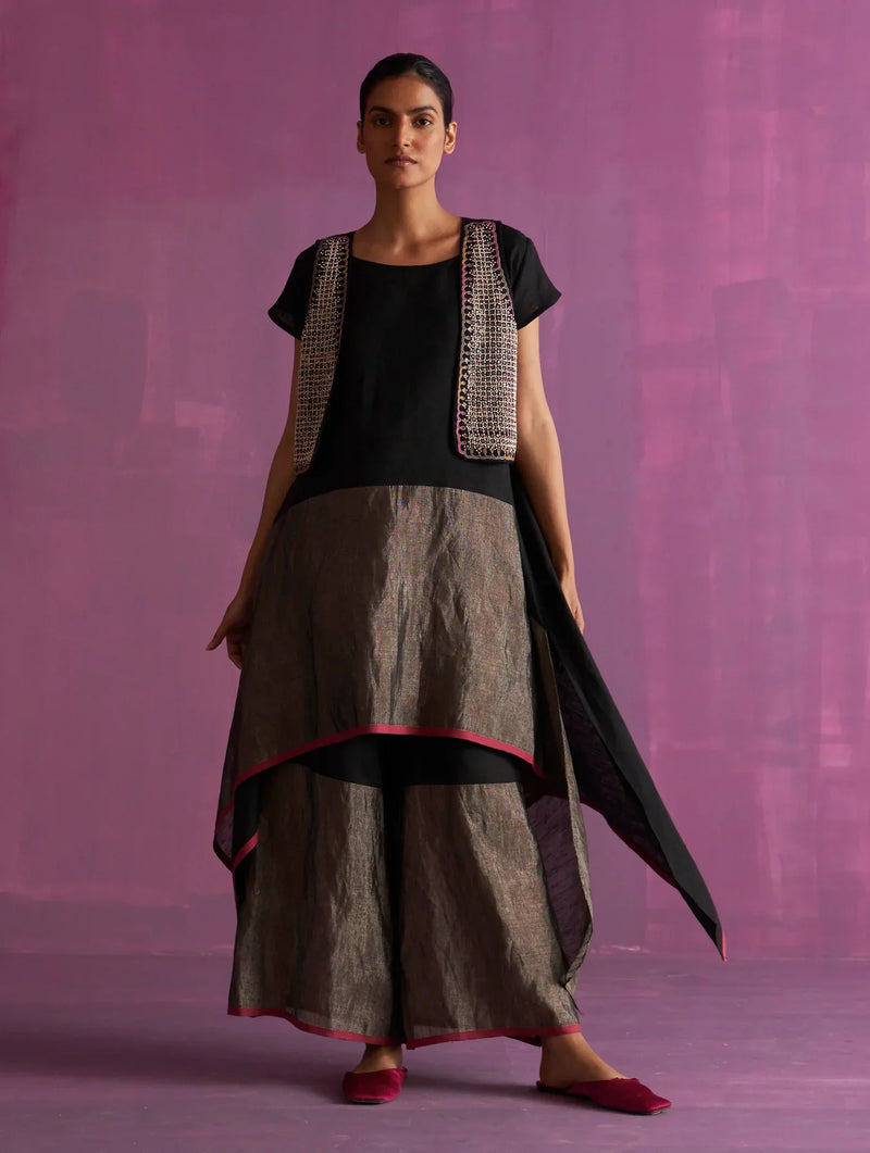 Kasa Co-ord Set with Jacket - Black linen by Manan in black color for women Worldwide