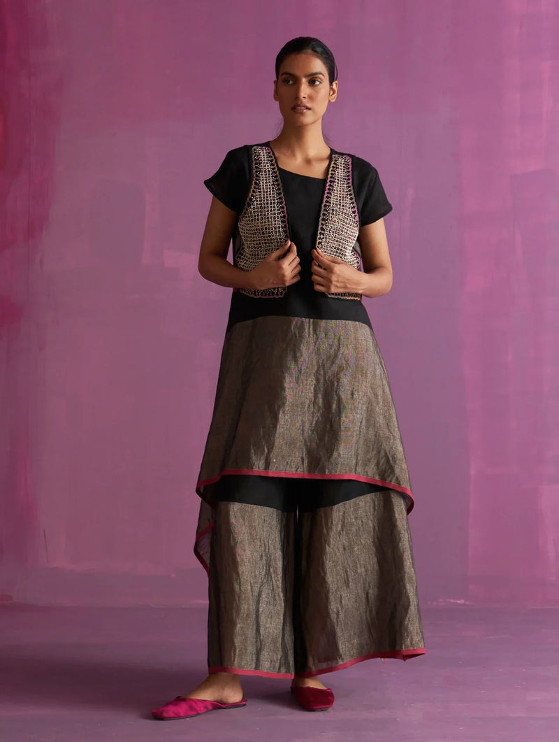 Kasa Co-ord Set with Jacket - Black linen by Manan in black color for women Worldwide