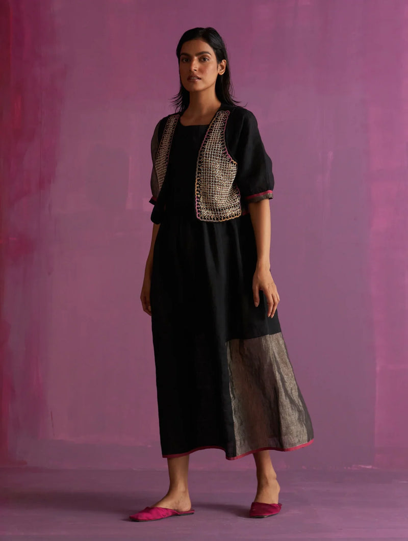 Kiri Linen Dress with Jacket - Black linen by Manan in black color for women Worldwide