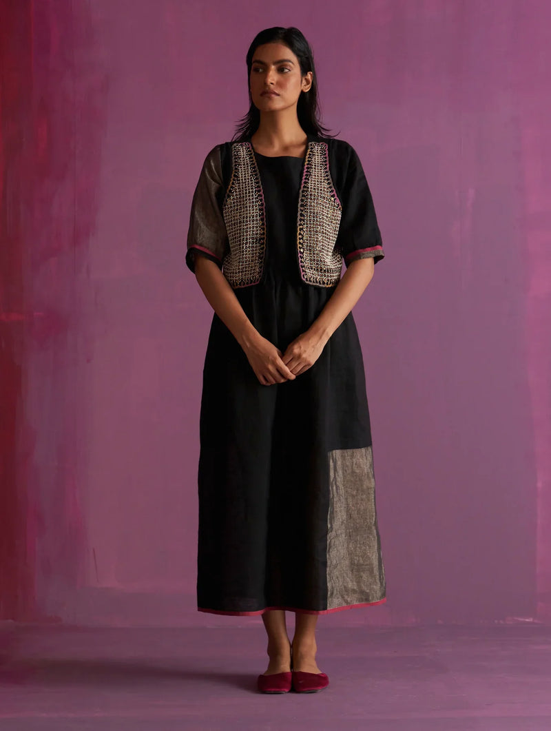 Kiri Linen Dress with Jacket - Black linen by Manan in black color for women Worldwide