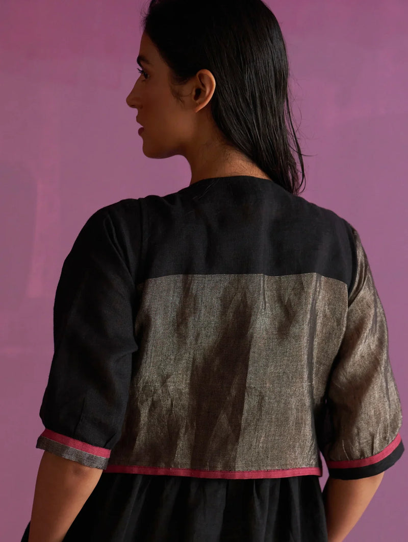 Kasa Hand-Embroidered Jacket - Black linen by Manan in black color for women Worldwide