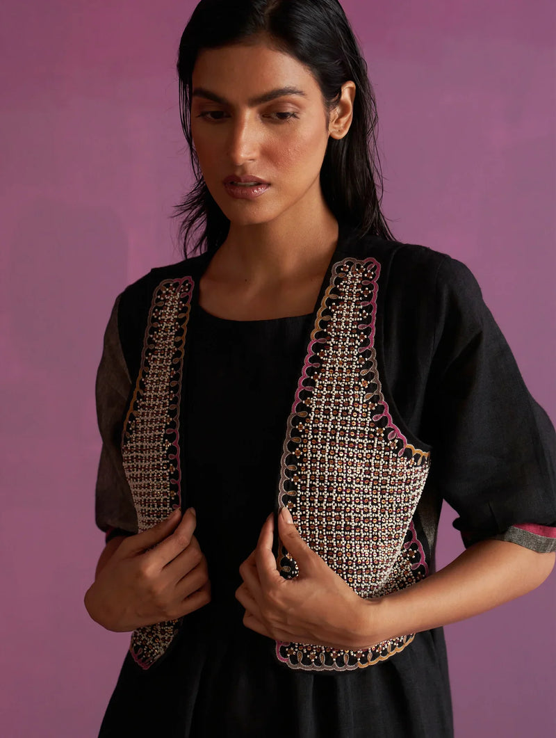 Kiri Linen Dress with Jacket - Black linen by Manan in black color for women Worldwide