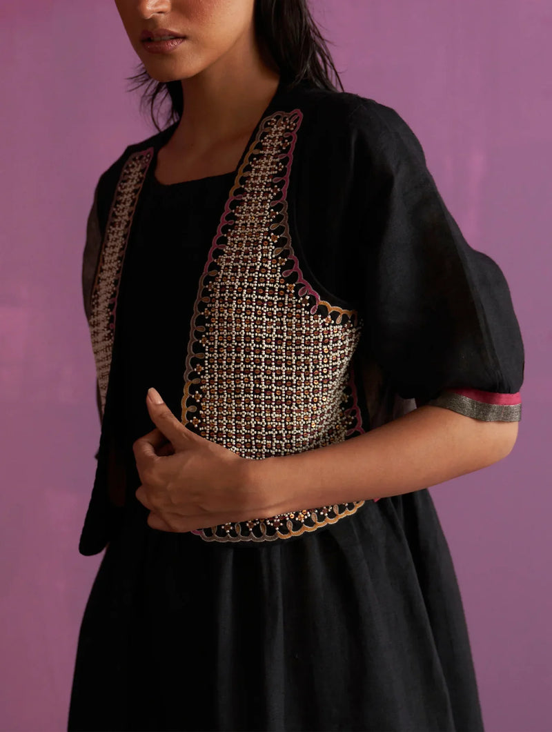Kasa Hand-Embroidered Jacket - Black linen by Manan in black color for women Worldwide