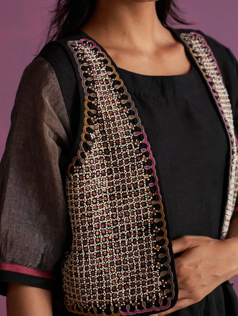Kiri Linen Dress with Jacket - Black linen by Manan in black color for women Worldwide