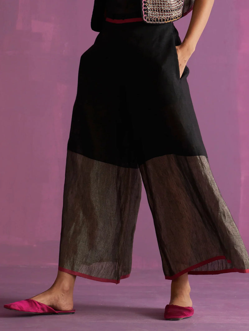 Shirin Asymmetrical Linen Co-ord Set - Black linen by Manan in black color for women Worldwide